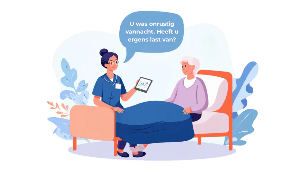 Met PAVA Start: de zorgmedewerker laat het nachtbeeld op een tablet zien en vraagt “U was onrustig vannacht. Heeft u ergens last van?”